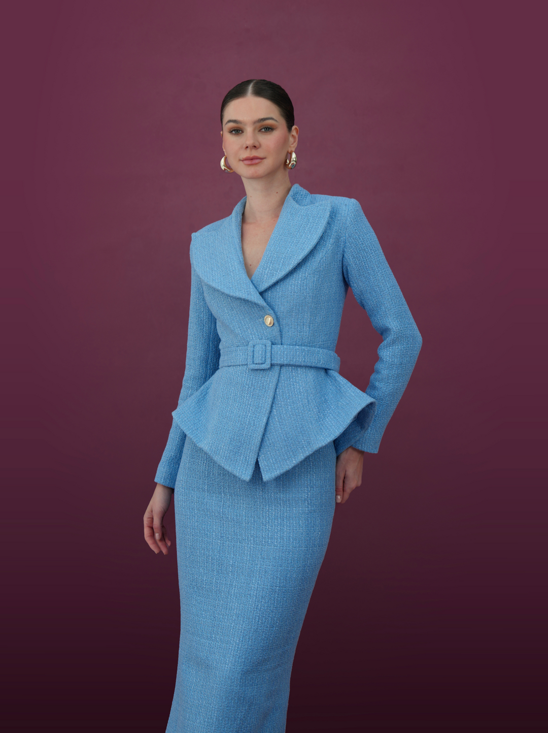Royal Blue Peplum Jacket and Midi Skirt Set Moonmains GCC Royal Blue Peplum Jacket and Midi Skirt Set Moonmains GCC