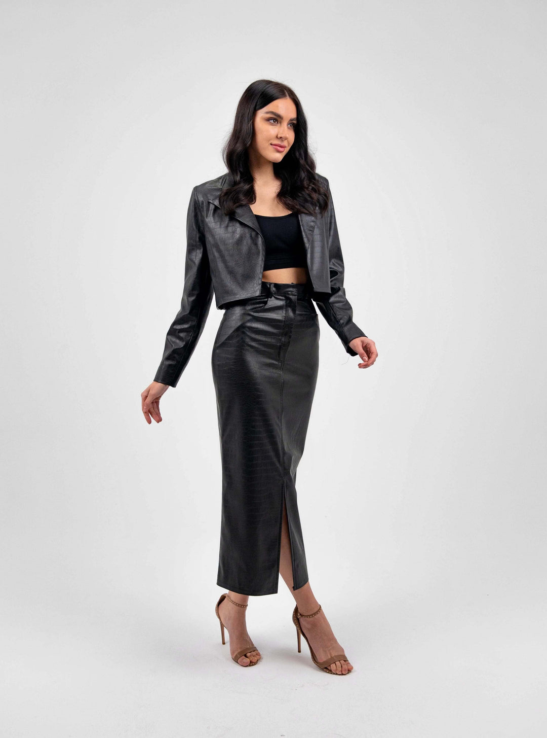 FAUX NATURAL LEATHER CROC MIDI SKIRT