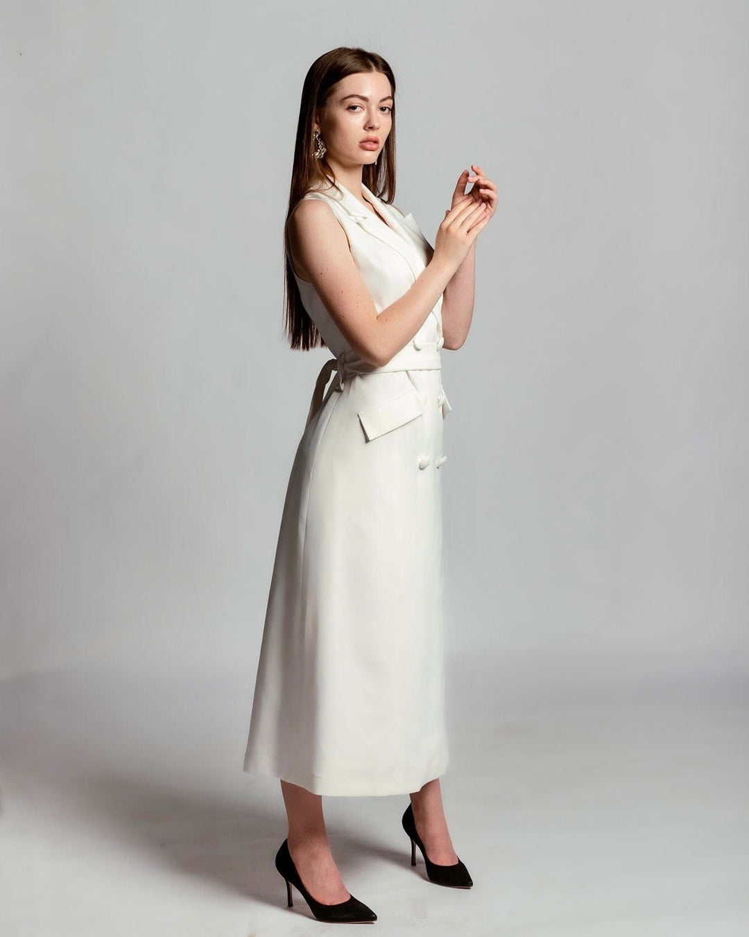 NEW DOUBLE-BREASTED BELTED BLAZER MIDI DRESS