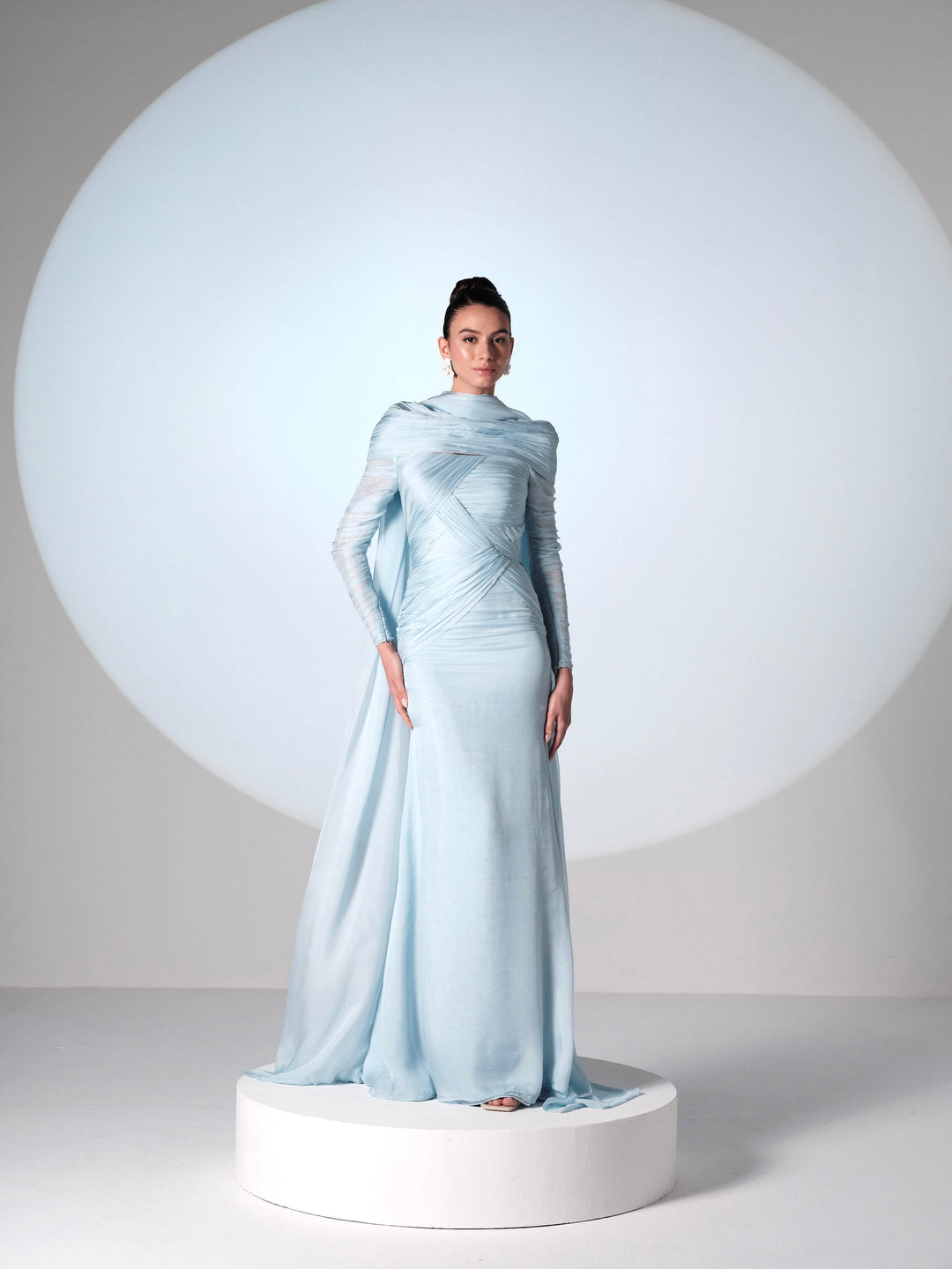 Ethereal Sky Blue Draped Silk Gown