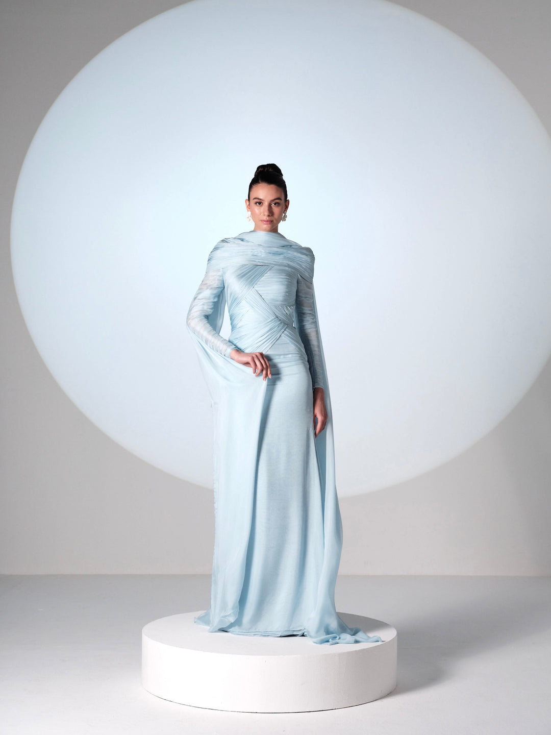 Ethereal Sky Blue Draped Silk Gown