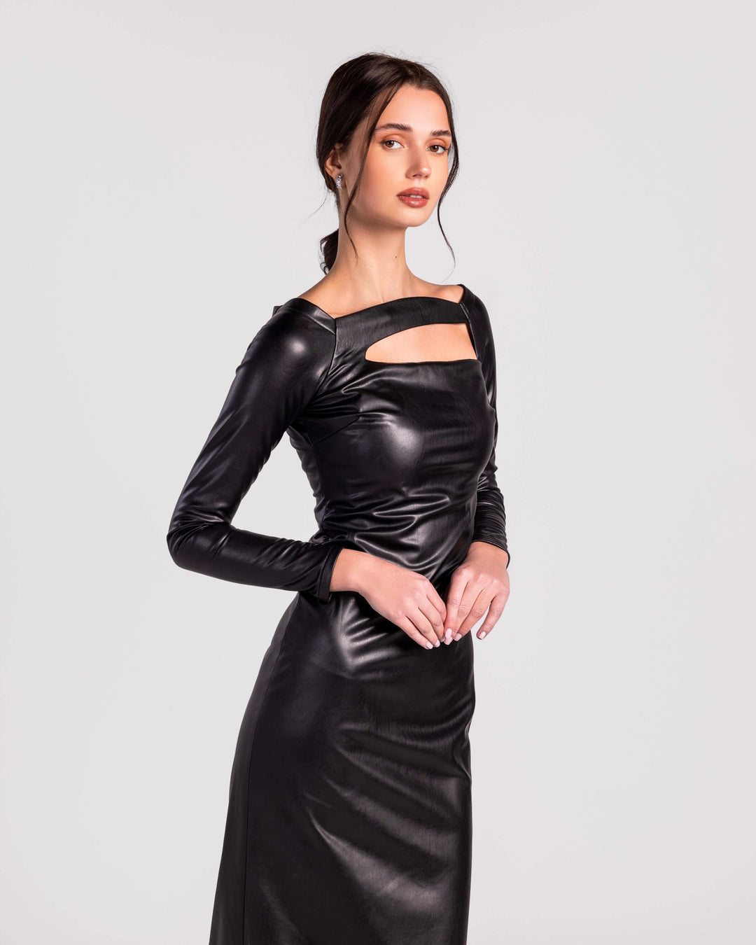 Noor Cut-Out Leatherette Midi Dress Moonmains GCC Noor Cut-Out Leatherette Midi Dress Moonmains GCC
