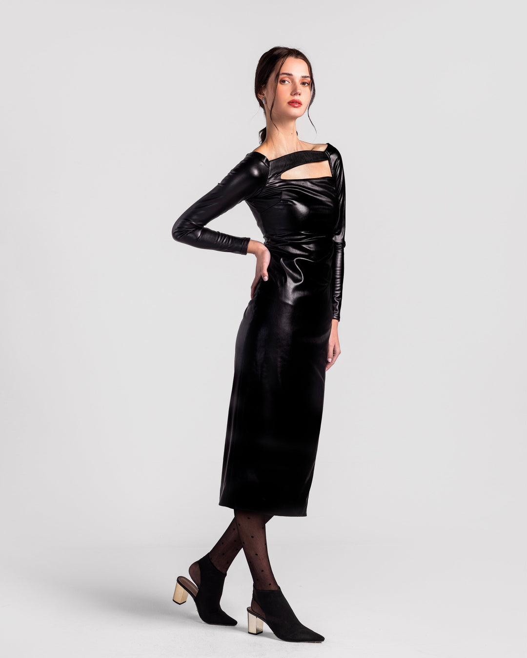 Noor Cut-Out Leatherette Midi Dress Moonmains GCC Noor Cut-Out Leatherette Midi Dress Moonmains GCC