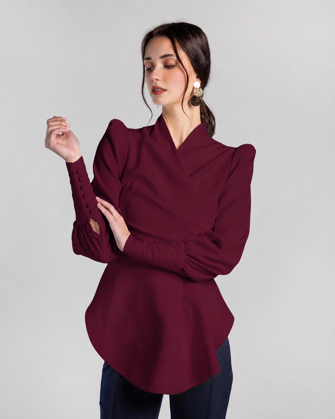 Crimson Cascade Button-Sleeve Blouse