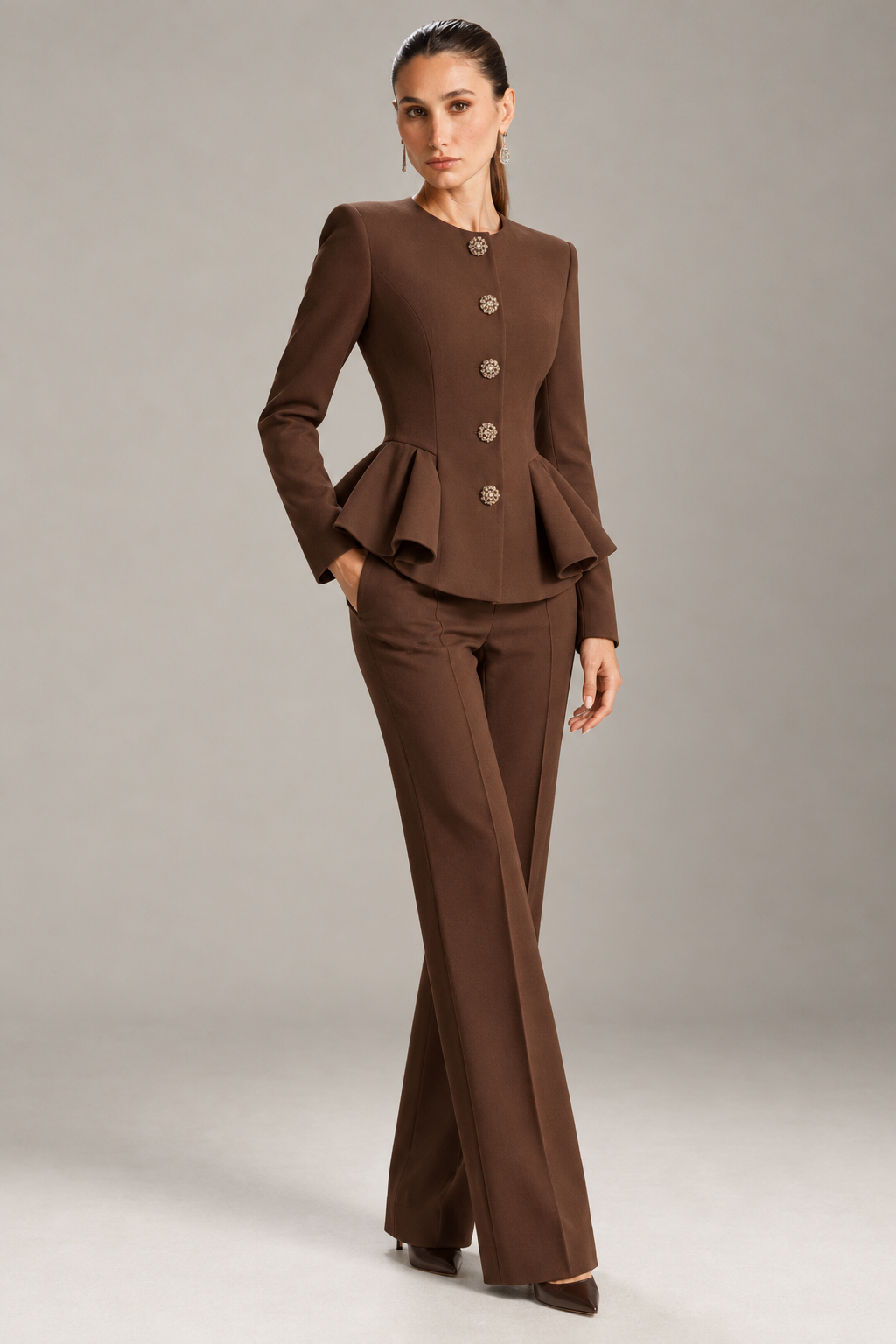 PEARL BUTTON PEPLUM SUIT