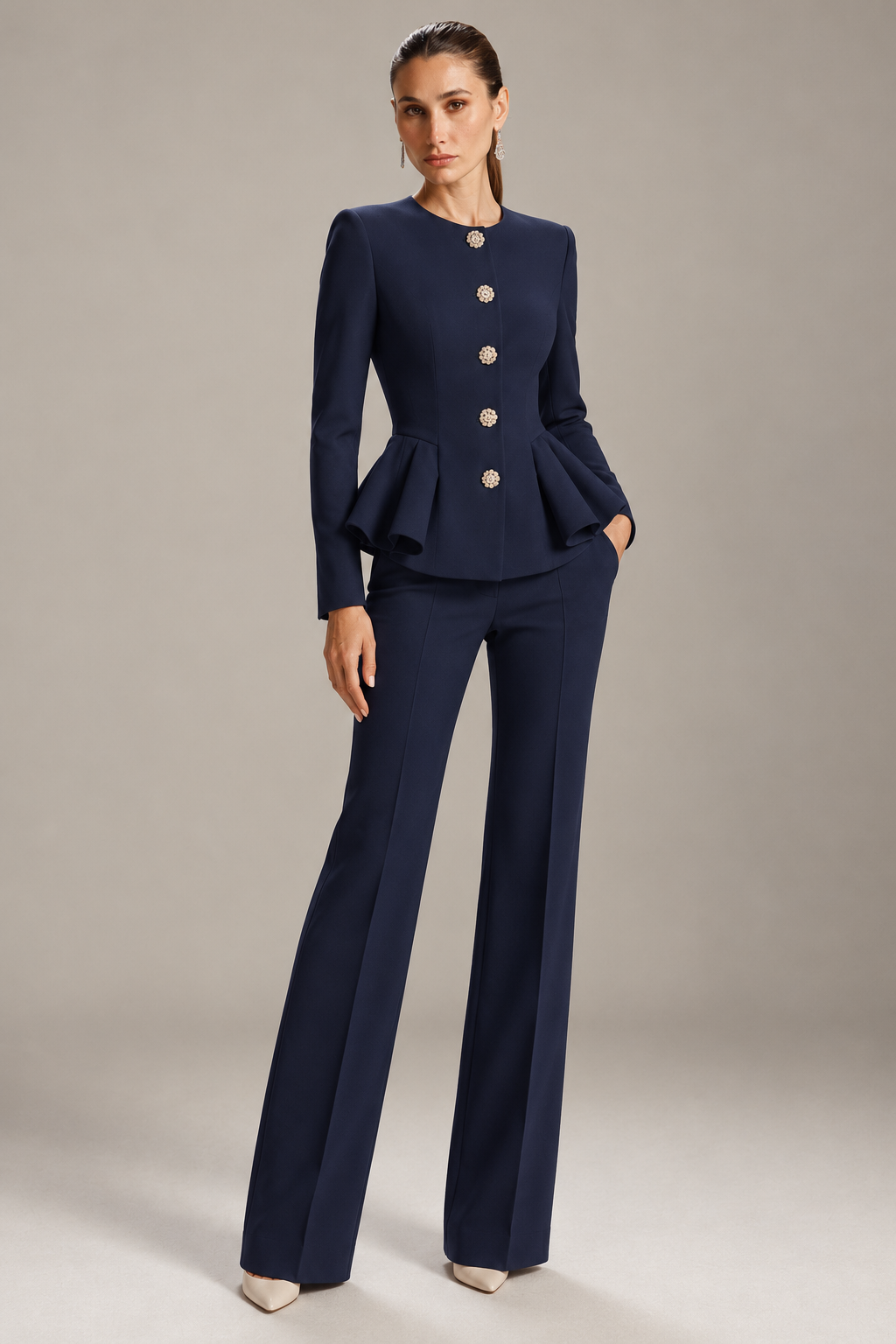 PEARL BUTTON PEPLUM SUIT
