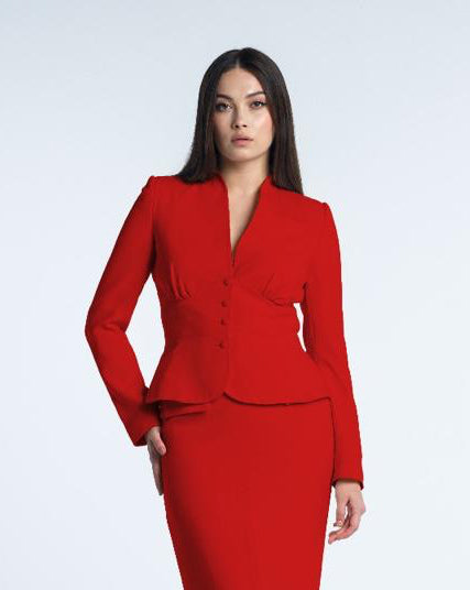Woman modeling elegant red suit set with blazer and midi skirt on white background